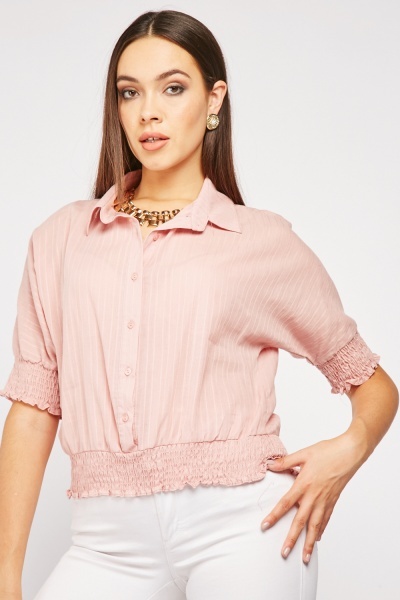 Pinstriped Gathered Hem Short Sleeve Blouse