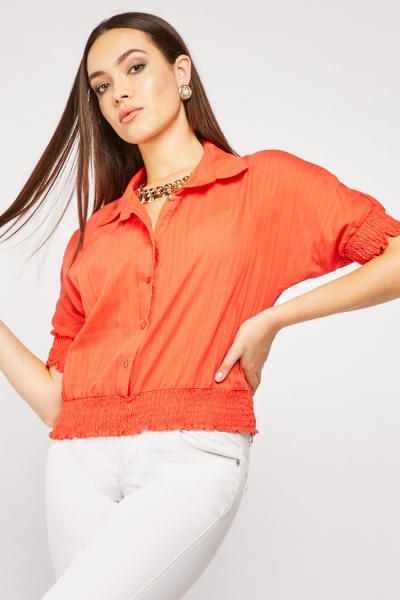 Pinstriped Gathered Hem Short Sleeve Blouse