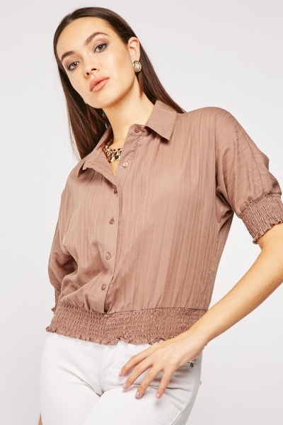 Pinstriped Gathered Hem Short Sleeve Blouse