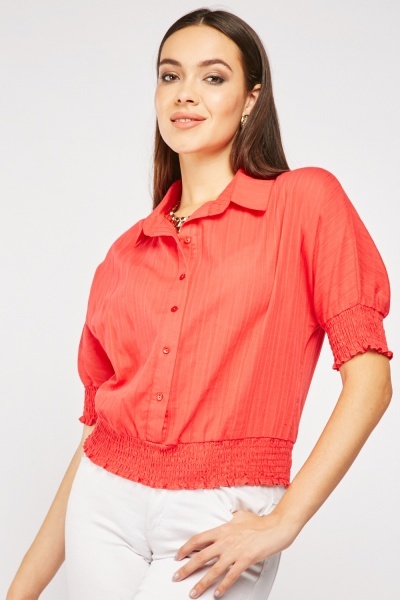 Pinstriped Gathered Hem Short Sleeve Blouse