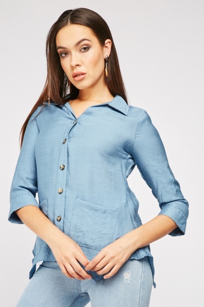 Crinkle Front Pockets Asymmetric Hem Top