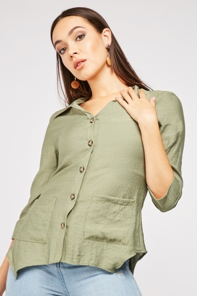 Crinkle Front Pockets Asymmetric Hem Top