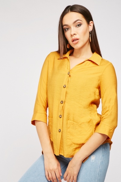 Crinkle Front Pockets Asymmetric Hem Top