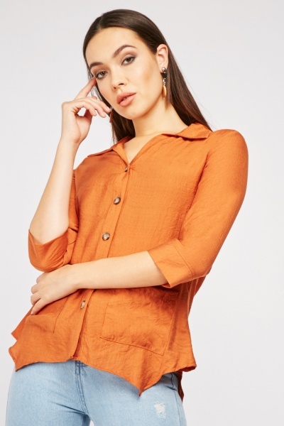 Crinkle Front Pockets Asymmetric Hem Top