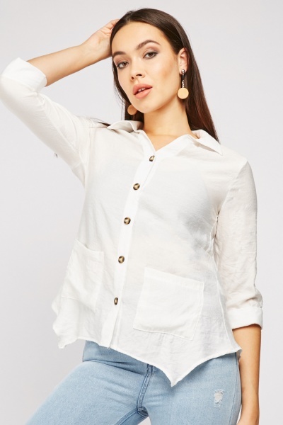 Crinkle Front Pockets Asymmetric Hem Top