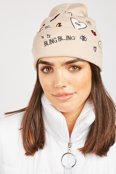 Novelty Embroidered Detail Beanie Hat