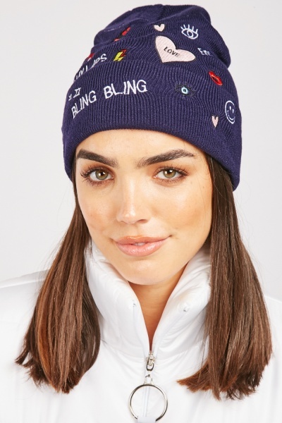 Novelty Embroidered Detail Beanie Hat