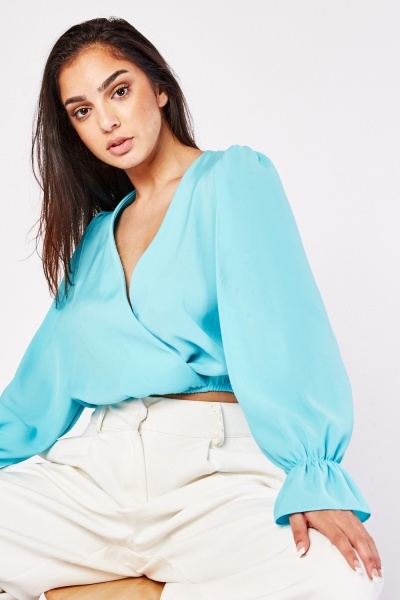 Gathered Cropped Wrap Blouse