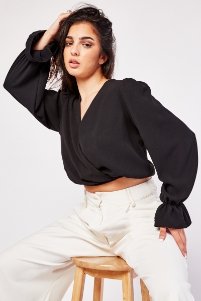 Gathered Cropped Wrap Blouse