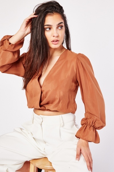 Gathered Cropped Wrap Blouse