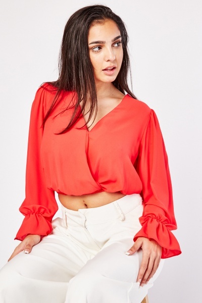 Gathered Cropped Wrap Blouse