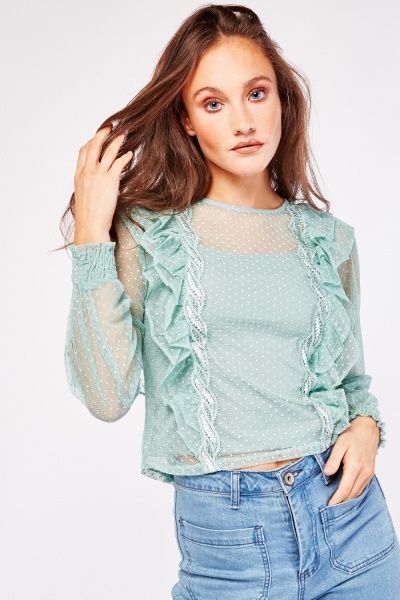 Crochet Ruffle Mesh Net Blouse