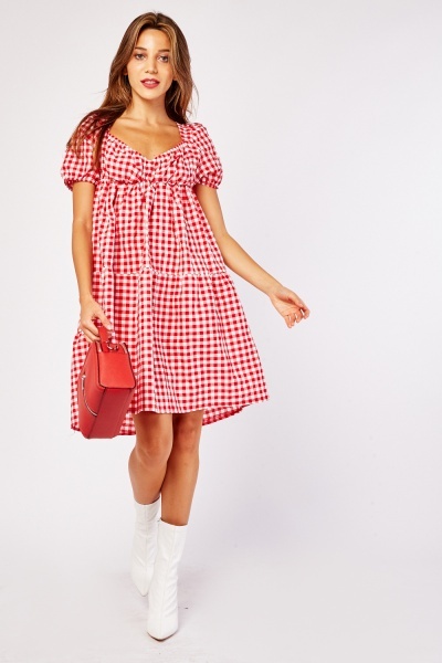 Gingham Print Puff Short Sleeve Dress