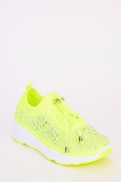 Encrusted Neon Knitted Trainers