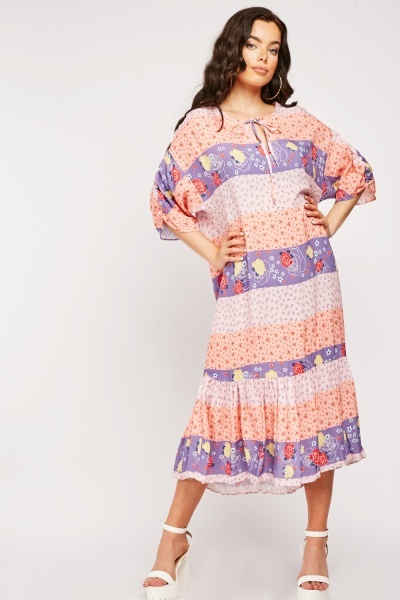 Mix Print Ruffle Hem Tunic Dress