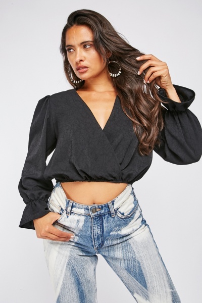 Textured Wrap Bell Sleeve Blouse