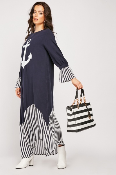 Anchor Printed Striped Mix Dress
