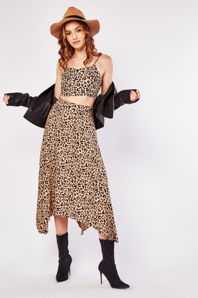 Leopard Print Crop Top And Midi Skirt Set