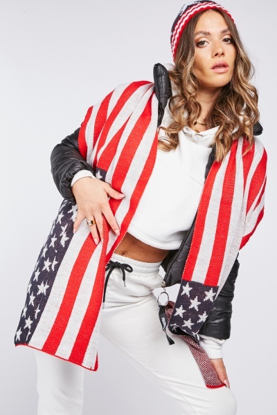 US Flag Printed Beanie Hat And Scarf Set