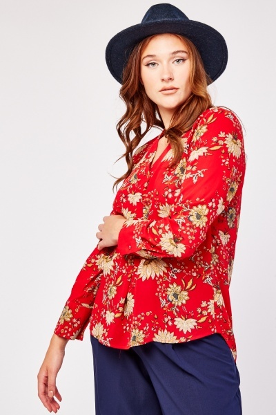 Floral Print V-Neck Long Sleeve Blouse