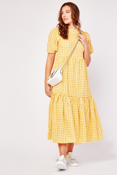 Grid Check Short Sleeve Tiered Dress