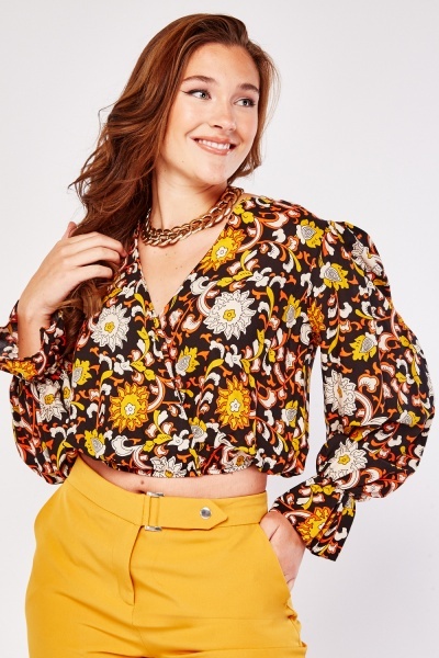 Printed Wrap Cropped Blouse