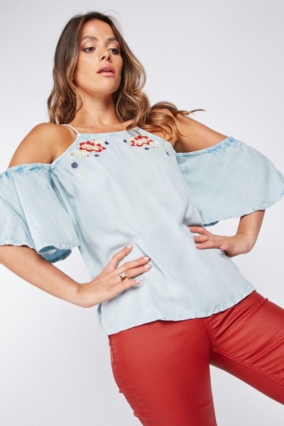 Petite Embroidered Cold Shoulder Top