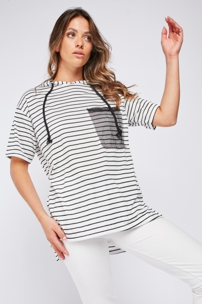 Mesh Net Pocket Striped Hooded Top