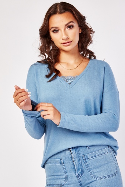 Lace Insert Long Sleeve Jersey Sweater