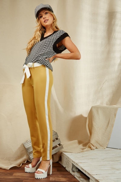 Belted Striped Tapered Trousers