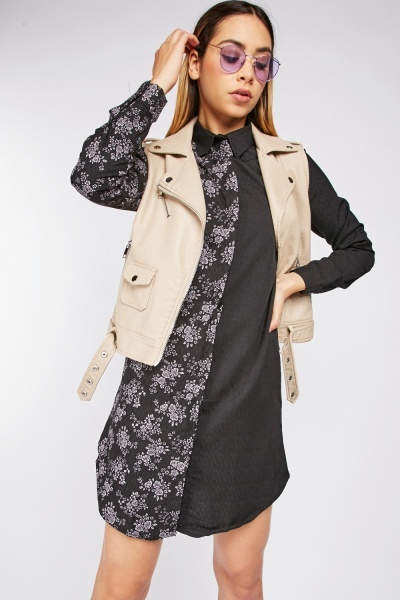 Rose Pattern Contrasted Shirt Dress