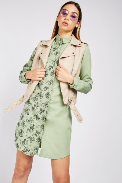 Rose Pattern Contrasted Shirt Dress