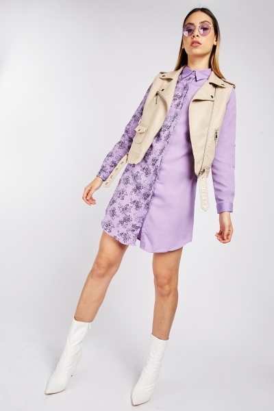 Rose Pattern Contrasted Shirt Dress