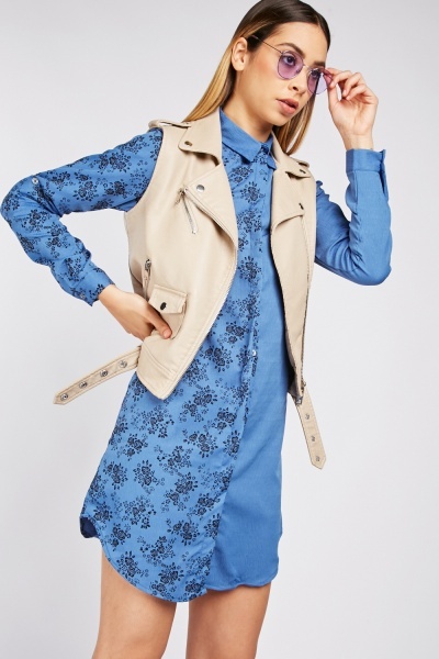 Rose Pattern Contrasted Shirt Dress