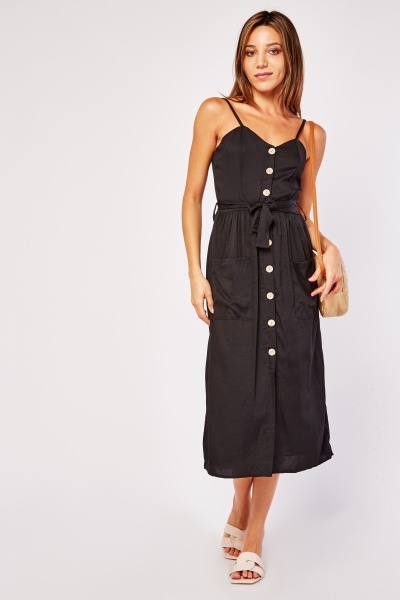 Textured Strappy Button Up Midi Dress
