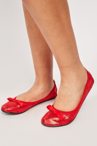 Shimmered Bow Red Ballet Shoes