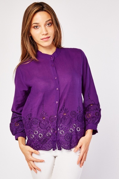 Embroidered Panel Long Sleeve Blouse