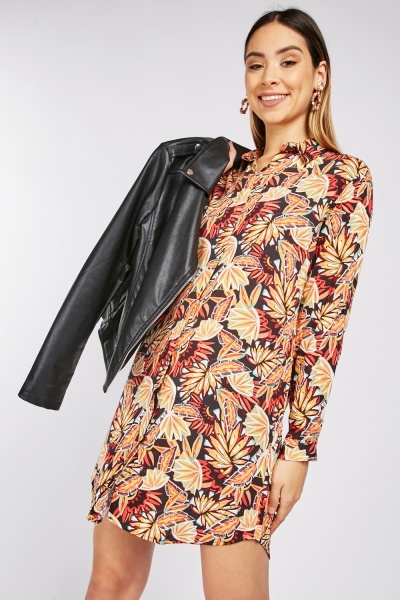 Leaves Pattern Shirt Mini Dress