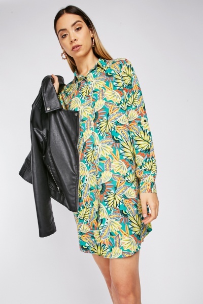 Leaves Pattern Shirt Mini Dress