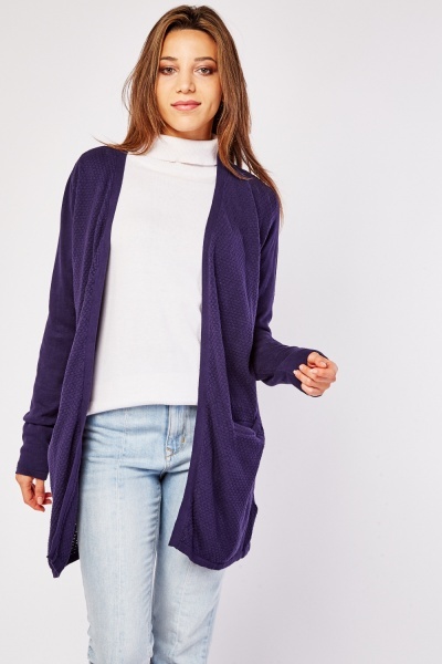 Textured Front Pockets Open Front Cardigan