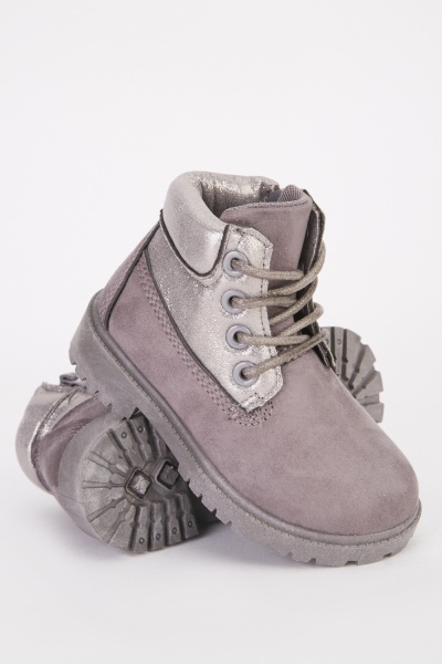 Shimmery Panel Kids Lace Up Boots