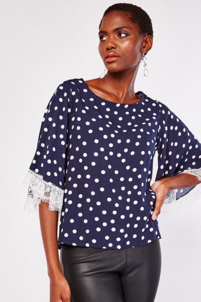 Lace Sleeve Hem Polka Dot Top