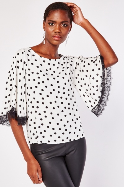 Lace Sleeve Hem Polka Dot Top