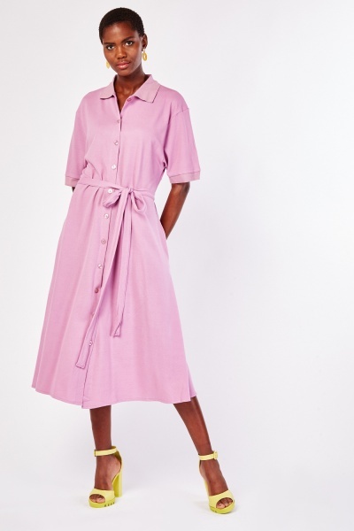 Short Sleeve Tie Up Shirt Midi Dress