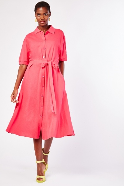 Short Sleeve Tie Up Shirt Midi Dress