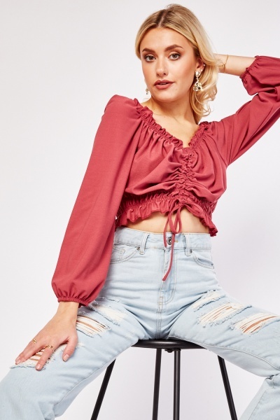 Long Sleeve Tie Up Front Crop Top