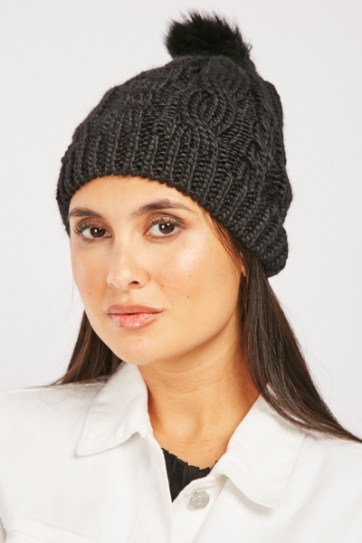Pom-Pom Cable Knit Beanie Hat