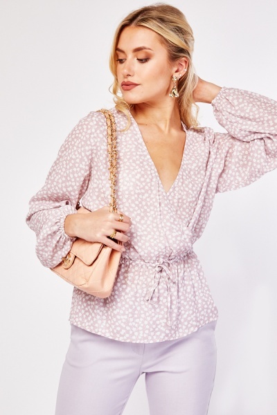 Printed Balloon Sleeve Wrap Blouse