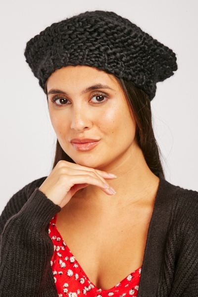 Image of Black Knitted Beret Hat