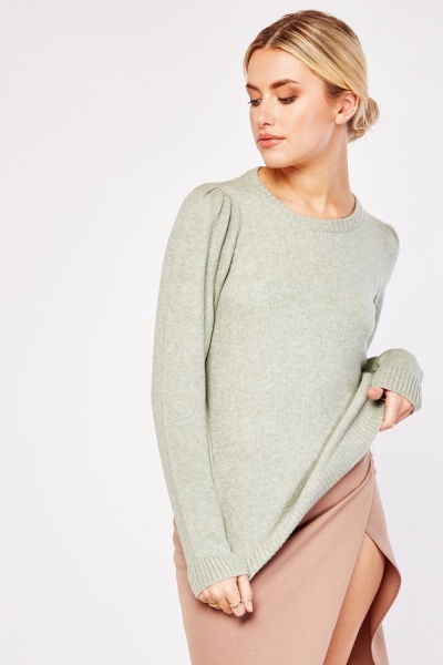 Round Neck Gathered Sleeve Knit Jumper